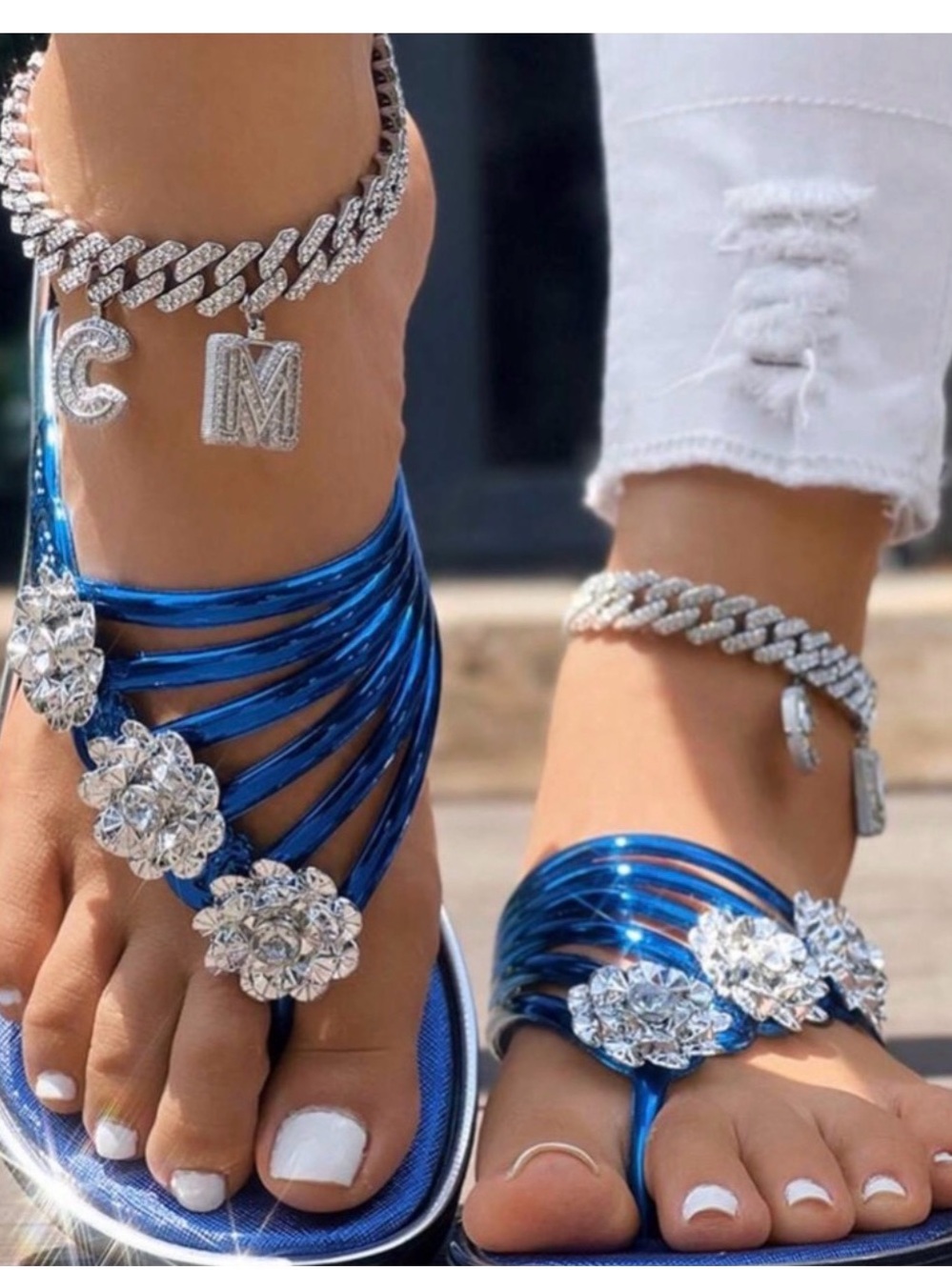 Blue Jeweled Strappy Flat Sandals